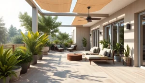 Beau carrelage extérieur sur une terrasse moderne avec de la verdure.