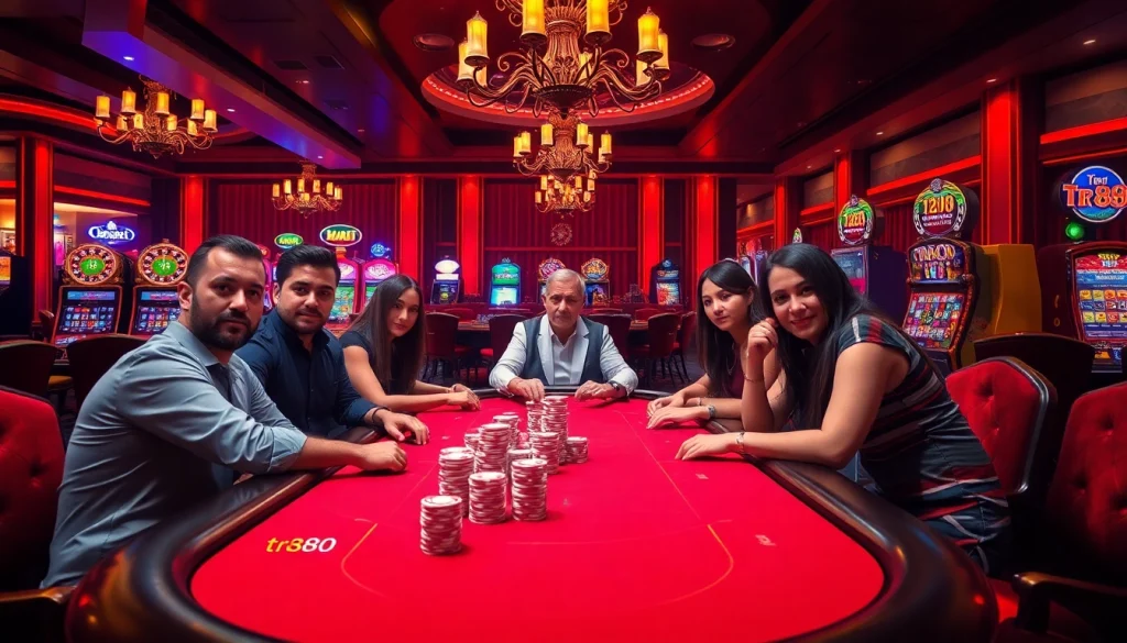 Exciting poker scene in a luxury casino highlighting tr88 with players, chips, and roulette.