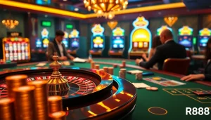 Players engaged in exhilarating games at RR88 casino, featuring vibrant chips and roulette wheels.