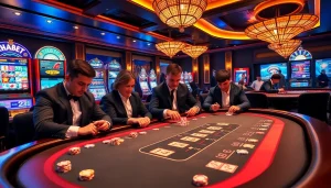 Engaged players at a THABET poker table surrounded by exciting casino visuals.