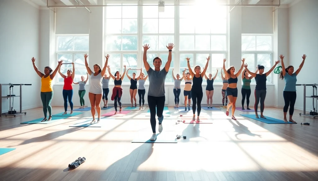 明るいスタジオで、多様な実践者を紹介する魅力的なピラティスクラス。ピラティス おすすめ に焦点を当てています。