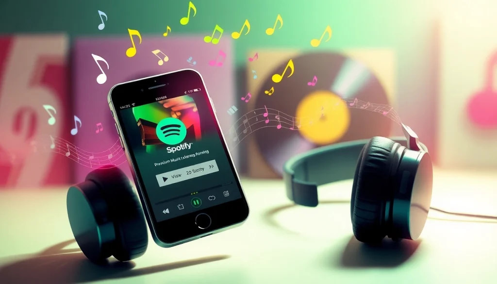 Dynamic visual representation of a Spotify mod showcasing premium features, vibrant music notes, and a smartphone interface.