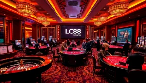 Players enjoying casino games with the logo LC88 Media prominently displayed on a digital screen.
