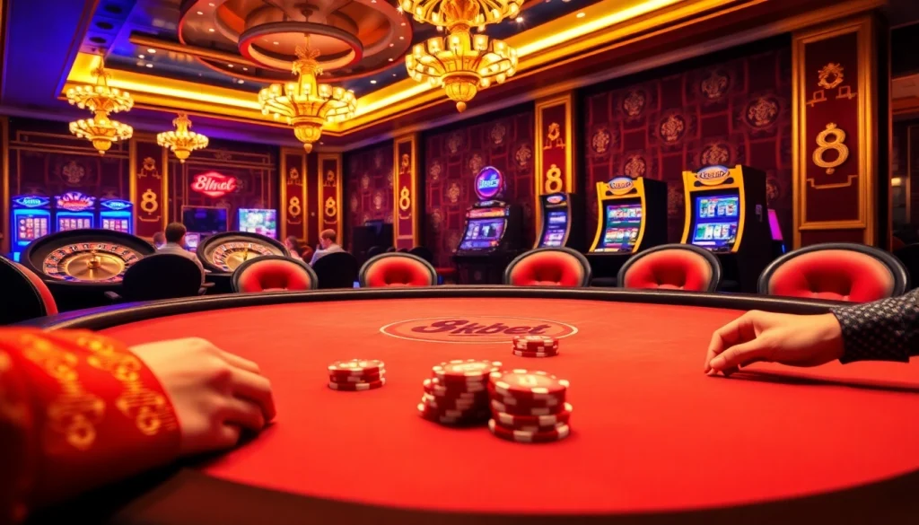Experience luxury gambling at 8kbet with an intense poker game scene highlighting casino excitement.