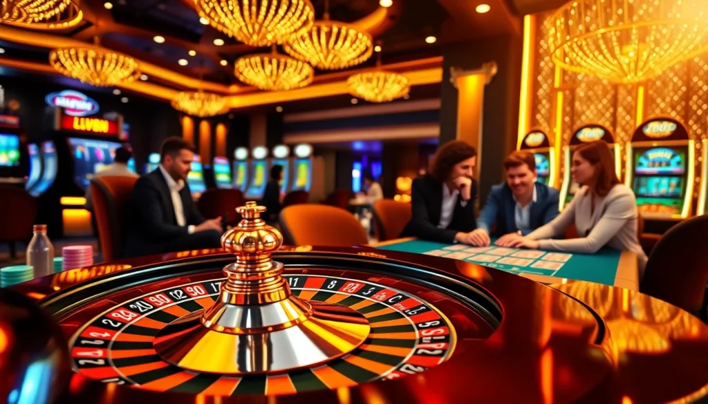 Excited gamblers enjoy a vibrant LV88 casino scene with spinning roulette and colorful poker chips.