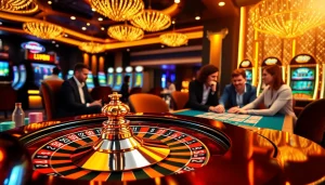 Excited gamblers enjoy a vibrant LV88 casino scene with spinning roulette and colorful poker chips.