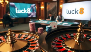 Gambling at Luck8 casino with poker chips and a roulette wheel in an elegant setting.