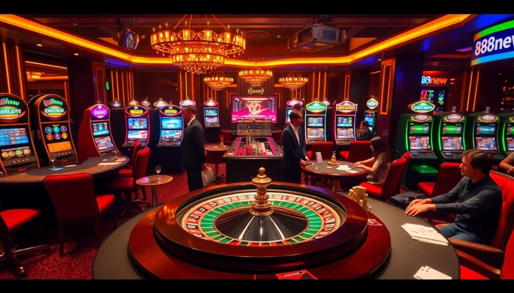 Exciting gambling experience at 888new casino with roulette, poker, and bright slot machines.