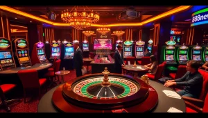 Exciting gambling experience at 888new casino with roulette, poker, and bright slot machines.