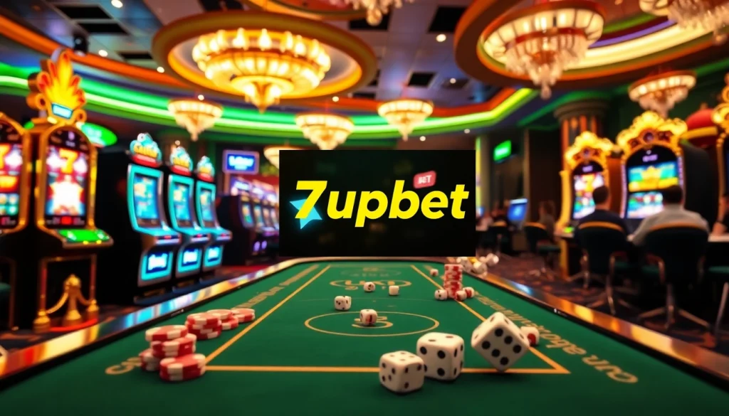 Exciting casino scene featuring gambling activities and the 7upbet logo on digital displays.