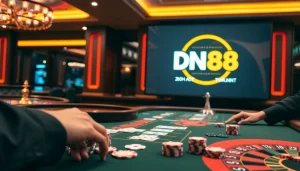 Experience the thrill of gambling at DN88 with strategic poker chips and vibrant casino tables.