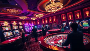 Experience the thrill of 388bet with vibrant casino visuals featuring poker tables and slot machines.