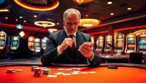 A thrilling poker scene showcasing a player assessing cards in a luxurious casino, embodying the essence of an imprumut strategy.