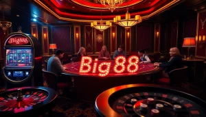 Players enjoying high-stakes poker at a luxurious casino featuring the Big88 slot machine.