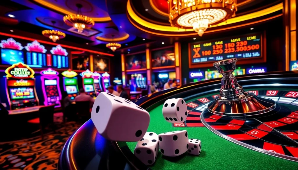 Tập Đoàn KJC showcases vibrant gaming action with poker chips and roulette wheels in a luxurious casino.