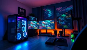 Gaming-PC verkaufen mit modernem Setup, das RGB-Beleuchtung und Gaming-Monitore zeigt.