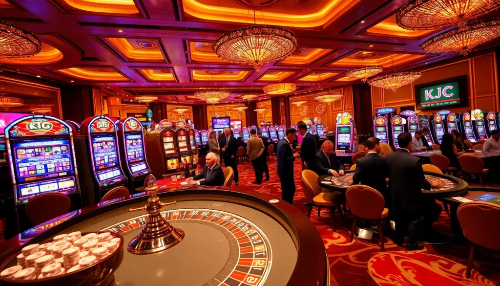 Players enjoying a vibrant KJC casino experience with roulette, poker chips, and slot machines.