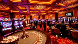 Players enjoying a vibrant KJC casino experience with roulette, poker chips, and slot machines.