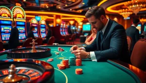 A gambler managing their credit while playing poker in a vibrant casino filled with excitement.
