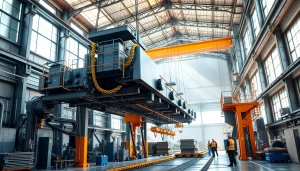 Bridge crane lifting heavy materials in a modern industrial factory, showcasing productivity and reliability.