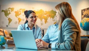 Informative consultations about travel insurance in a professional office environment.