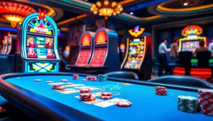 PHTAYA-branded poker table with cards and chips in an exciting casino environment.