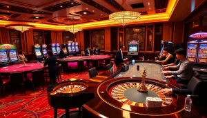 Siu88 casino tables with vibrant slot machines and engaged gamblers in a luxurious setting.