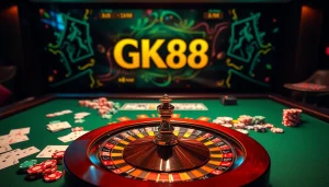 Gk88 online casino scene featuring a luxurious gaming table with cards, dice, and poker chips.