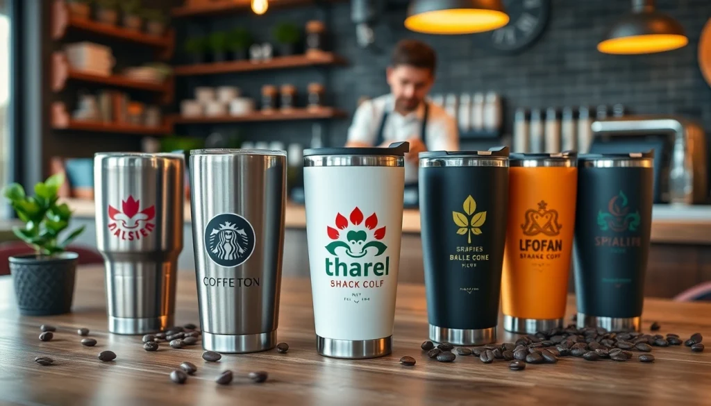 Spauda ant termo puodelių – stilingi kelioniniai puodeliai, rodomi jaukioje kavinėje.