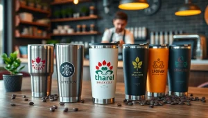 Spauda ant termo puodelių – stilingi kelioniniai puodeliai, rodomi jaukioje kavinėje.