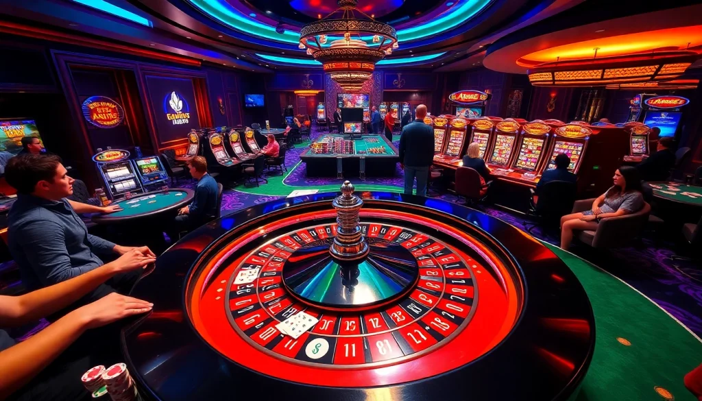 af88 showcases an exciting casino atmosphere with players engaged in numerous games, including poker and slots.