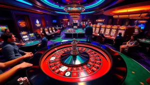 af88 showcases an exciting casino atmosphere with players engaged in numerous games, including poker and slots.