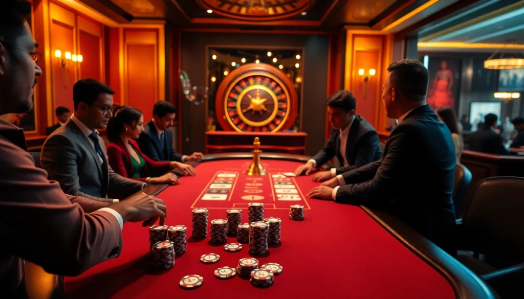 Experience the thrill of gambling at RR88 with a luxurious poker table scene and roulette action.