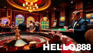 Players enjoying games at HELLO88 casino, featuring a roulette table, colorful slot machines, and poker cards.