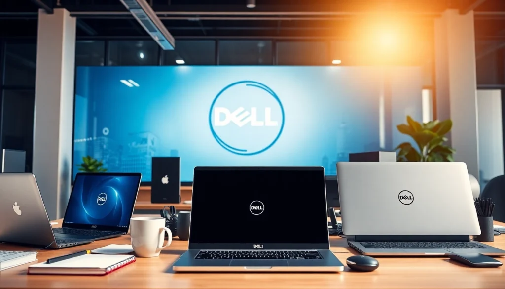 最新のノートパソコンとプロフェッショナルなオフィス環境を備えた DELL クーポンキャンペーンのビジュアル表示。
