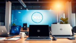 最新のノートパソコンとプロフェッショナルなオフィス環境を備えた DELL クーポンキャンペーンのビジュアル表示。