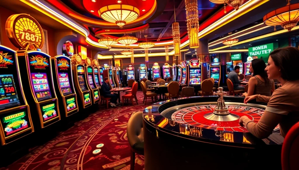 Experience the excitement of 7C77 casino games with vibrant slot machines and roulette tables.