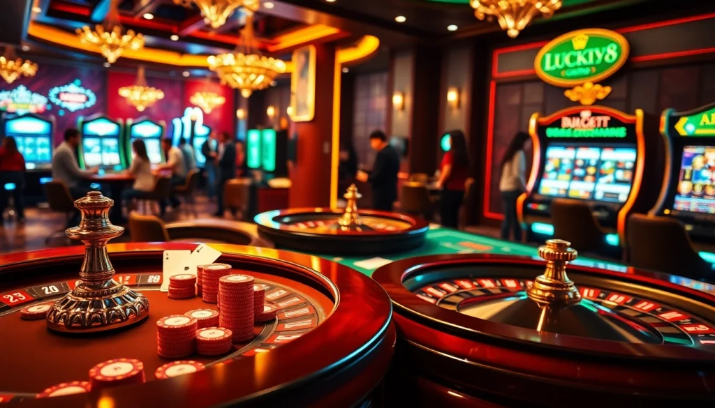 Người chơi tham gia đang chơi máy đánh bạc LUCK8 và roulette tại một casino sôi động.