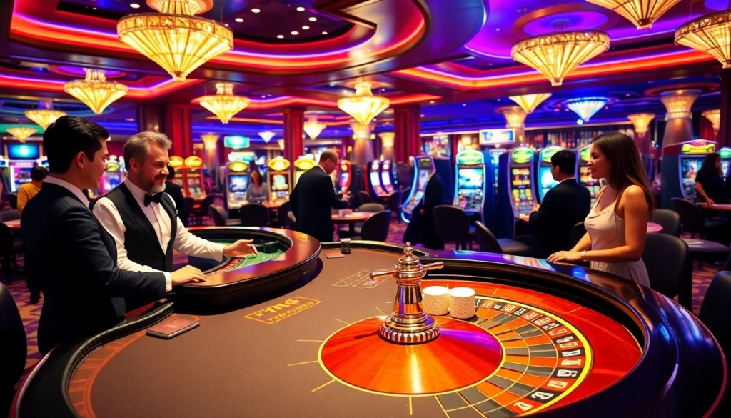Exciting gambling scene at vin88.you with players at blackjack and roulette tables.