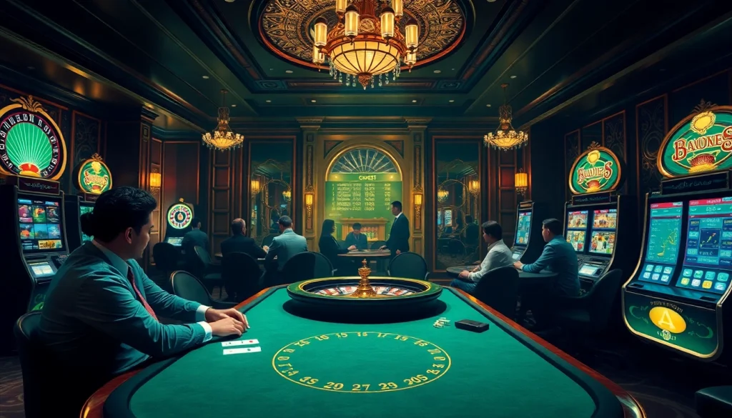 Players enjoying sbobet betting at an elegant casino with poker tables and a roulette wheel.