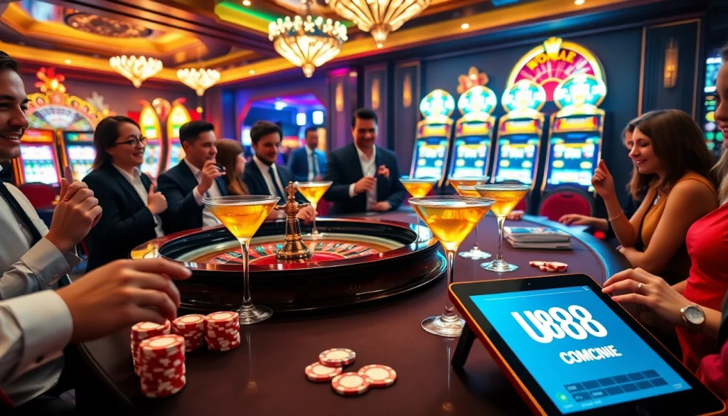 Excited players engaging in a luxurious casino experience at u888 com with roulette and vibrant casino elements.