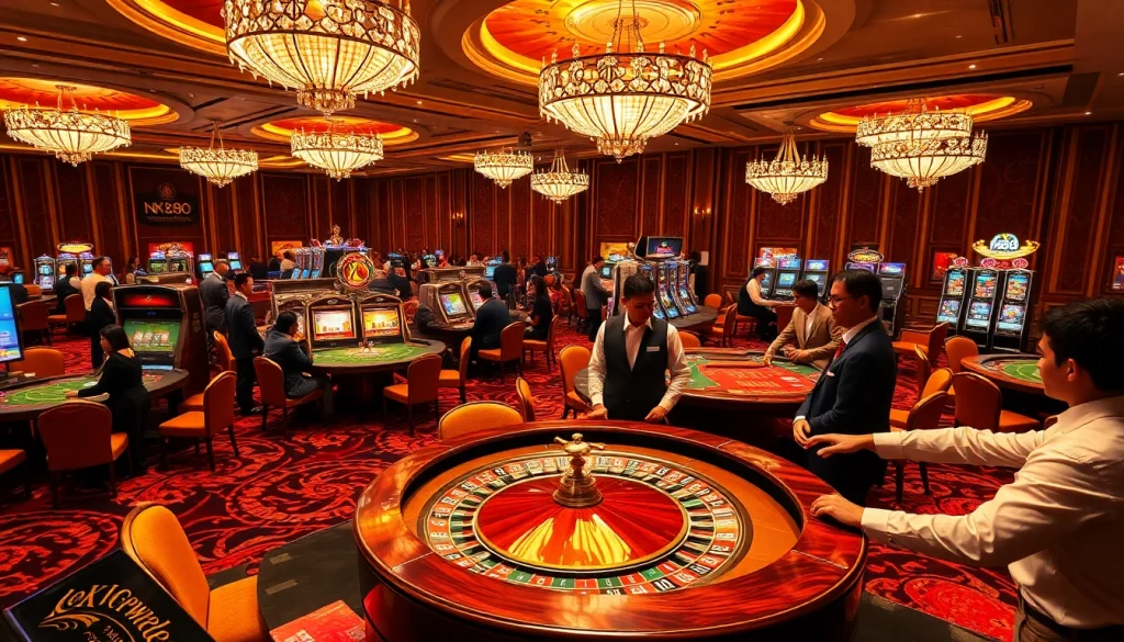 Experience nk88 excitement at a dynamic casino table with enthusiastic players and stunning decor.
