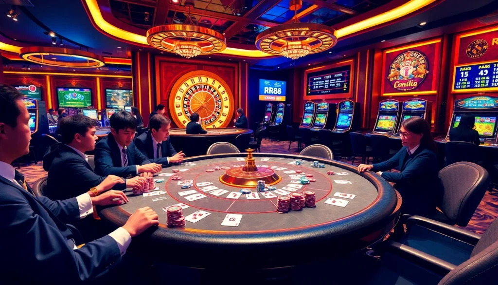 RR88 players engaged in high-stakes poker surrounded by vibrant casino elements for an electrifying experience.