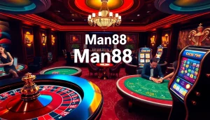 Players enjoying high-stakes action at Man88 casino tables, showcasing luxury and excitement.