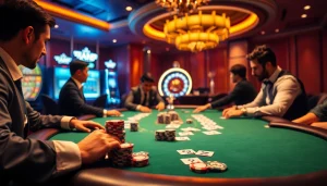 NK88 poker players strategize at a luxurious casino table, surrounded by colorful chips and cards.