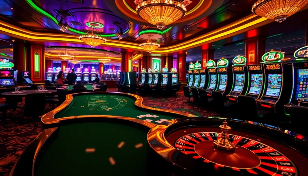Players engaging in exciting casino action at 7C77 with vibrant roulette wheels and slot machines.