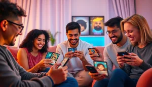 居心地の良い空間で多様なプレイヤーがオンラインオリパを楽しむ光景。トレーディングカードとデバイスを展示。