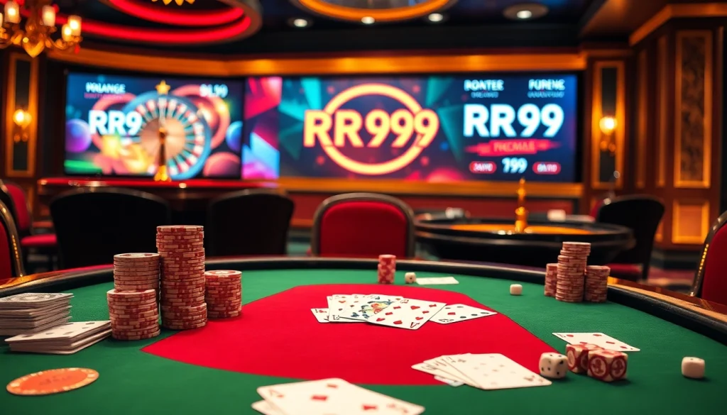 Players engage with poker chips and cards at a luxurious casino table featuring RR99 promotions.
