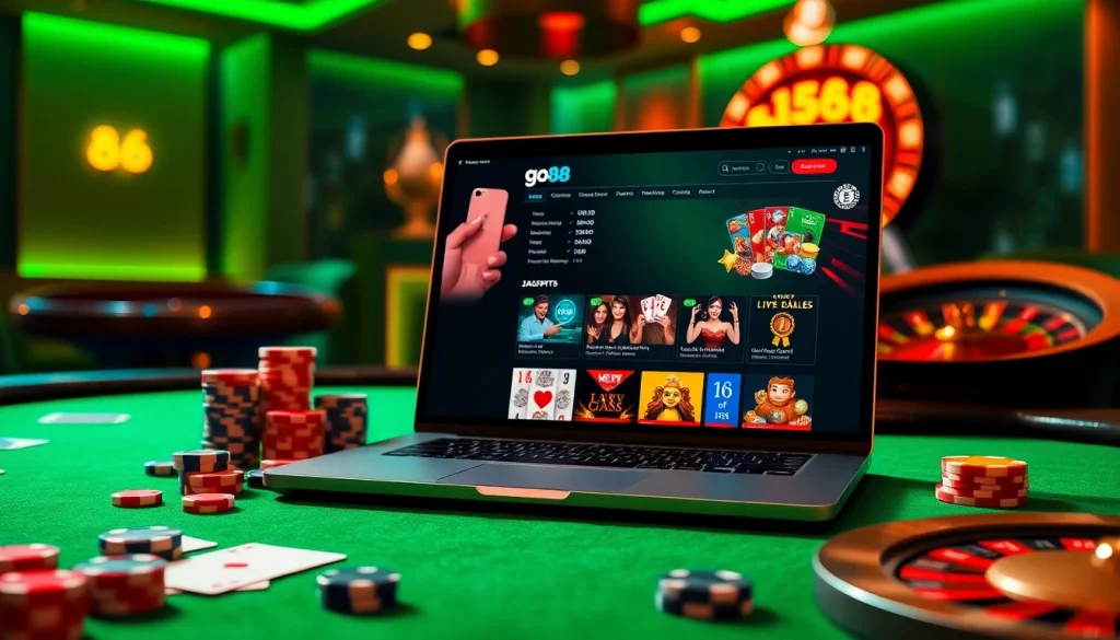Catching the excitement of go88 with vibrant poker chips and a sleek online gaming interface.