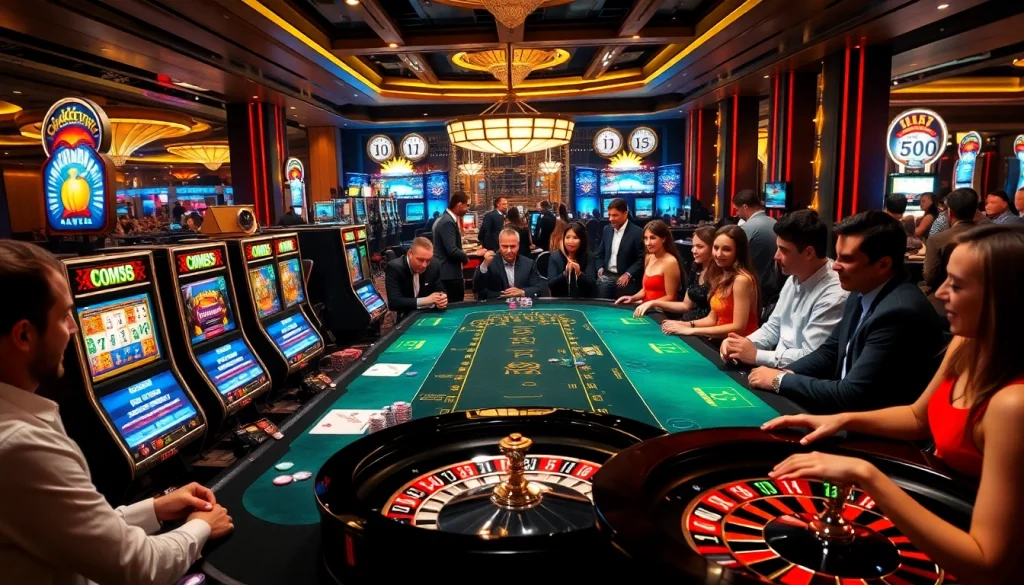Engaging scene of players enjoying casino luckywin games with vibrant slot machines and elegant tables.